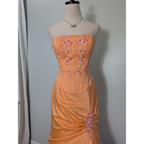 Y2K Prom Dress Maxi Gown 10 Orange Corset Vintage Glam Floral Mermaid Strapless - Picture 4 of 11